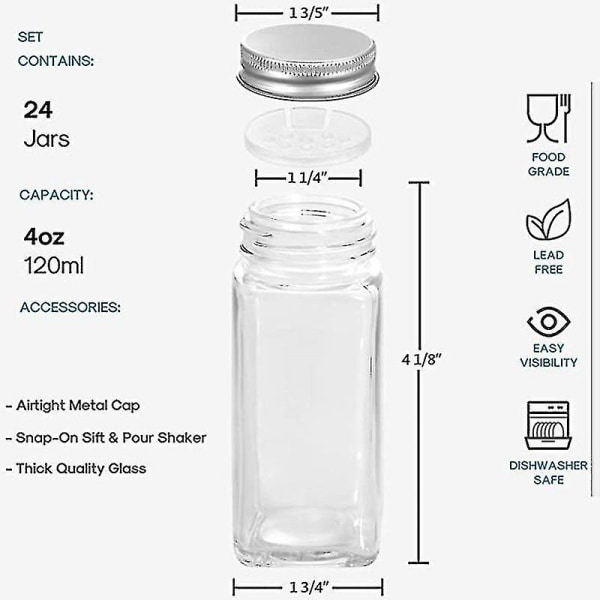 12 Glas Krydderierkrukker/flasker - med 20 Krydderietiketter - Rysterlåg og Forseglede Metalhætter - Inkluderer Silikon Sammenklappelig Tragt[HkkK]