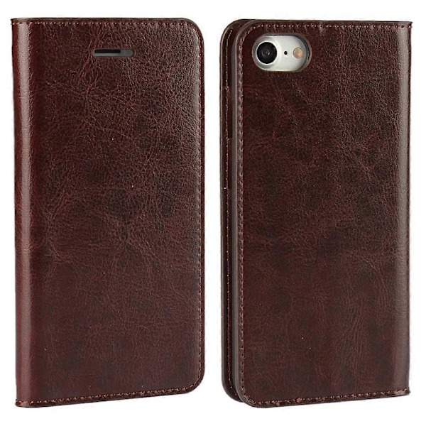 För iPhone SE (2020)/SE (2022)/8/7 4.7 tum Oljekantad Crazy Horse Äkta Läder Fäst Hårt PC Inre Fodral Plånbok Ställ Flip Telefon Skal[HK] Coffee