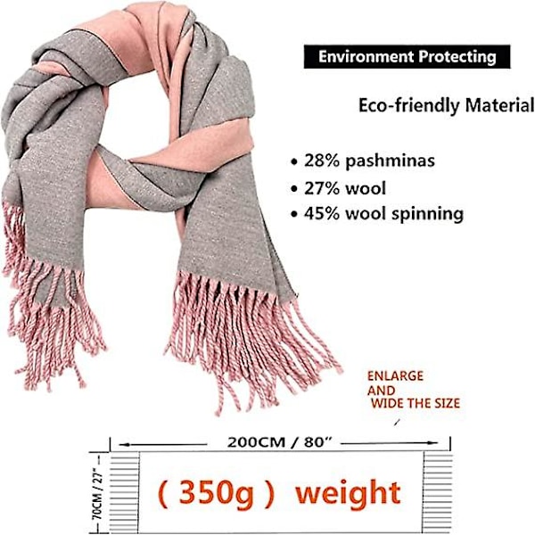 Vaaleanpunainen+harmaa) Naisten Käsittelemätön Huivit Talvi Kääntyvä Pashmina Pitkä Suuri Paksu Lämmin Huivit Tupsulla Häälahjaksi[HK]