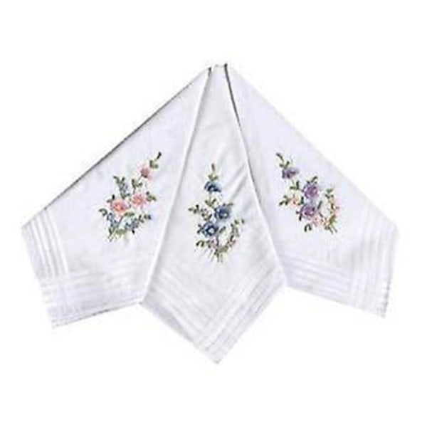 12 stk. Dame/Kvinder Hvide Blomster Broderede Lommetørklæder Med Satin Stribe Kanter, 100% Bomuld[HK] Pack Of 12 White