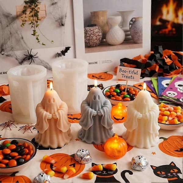 Halloween Spøgelse Silikone Lysforme, 4 stk. 3D Spøgelse Harpiksforme til Lysfremstilling, Sæbe, Aromaterapivoks [HK] White