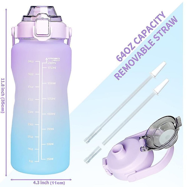 Flaska med Er, 2l flaskor med sugrör Bpa, 2 liters läckagesportflaskor[HK] Purple