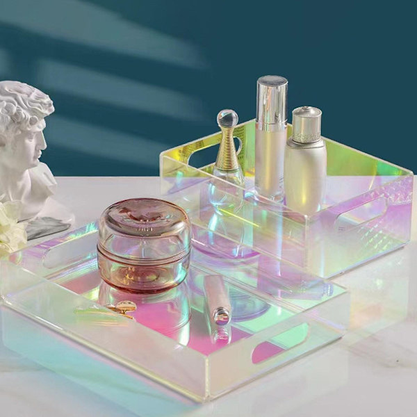 Iridescent akryl oppbevaringsboks med hul håndtak, kraftig, multifunksjonell, stor kapasitet, skrivebordsmakeup-skuff, kurv, arrangør, serviettholder [HK] A