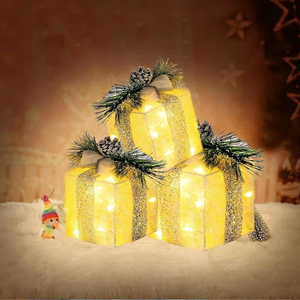 Sæt med 3 julebelyste gaveæsker, foroplyste 60 LED-belysningsæsker til gaveæsker Ornament Udendørs Varm W[HK] Warm White