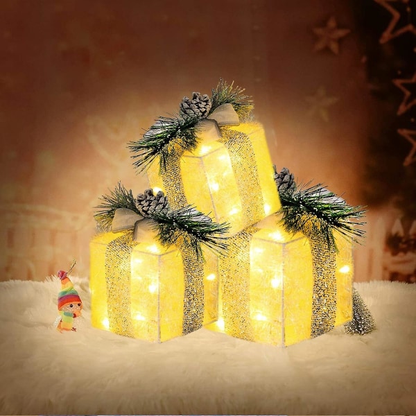 Sett med 3 julelysende gaveesker, forhåndsopplyste 60 LED-lysende gaveesker Ornament Utendørs varm W[HK] Warm White