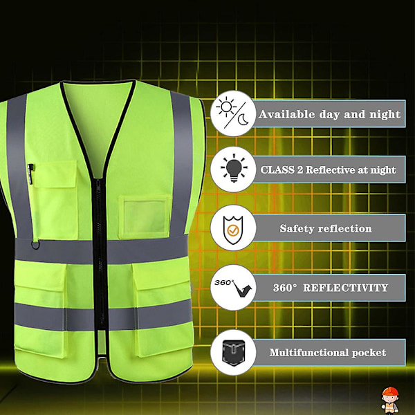 Hög synlighet Reflekterande Säkerhetsväst, Hög Synlighet Ljus Neon Färg Med 4 Reflekterande Remsor Fickor [HK] green