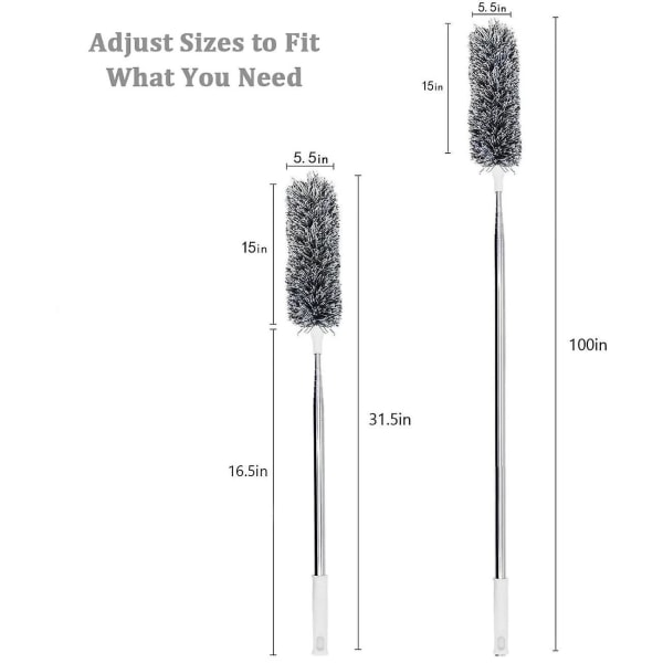 HKK  Teleskooppinen pestävä pölyharja, pölypyyhin mikrokuitu ruostumattomasta teräksestä valmistettu teleskooppivarsi ja taipuisa kulmaharja, pölyharja pitkä jopa 100 tuumaa (harmaa)