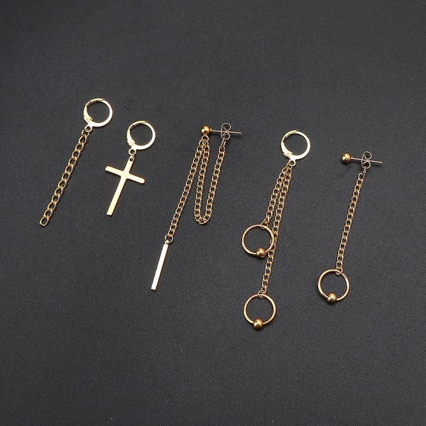 5pcs Gold Plated For Titanium Steel For Cross Long Chain Drop Earring Kit Korean