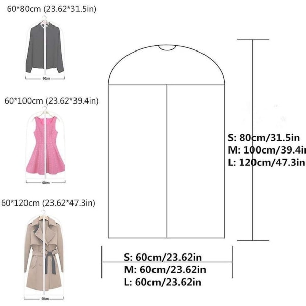 Plaggposer 5 stk Peva-dressvesker, støv- og vanntett pustende deksel med full, sterk glidelåsstoffveske for hengende dresskjole[HK] 60x80cm