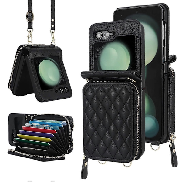 Til Samsung Galaxy Z Flip 6 Wallet Case med Kortholder og Justerbar Rem, Stilfuld Robust Stødsikker Læder Case[HK] For Galaxy Z Flip 6 Black