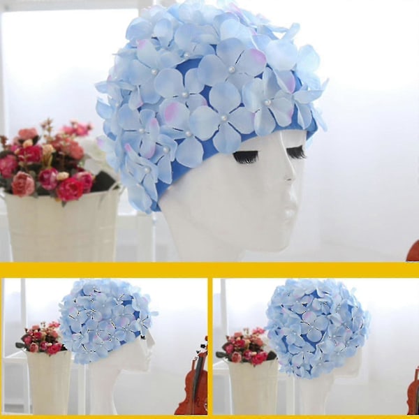 Svømmehette for kvinner, Petal Retro 3D Blomster Svømmehatt Badehette [HK] blue