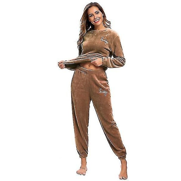 Talviset lämpimät pyjamaset plusfleece-yläosa ja housut pyöreällä kauluksella, pehmeä pyjamasetti -jie[HK] Brown XXL