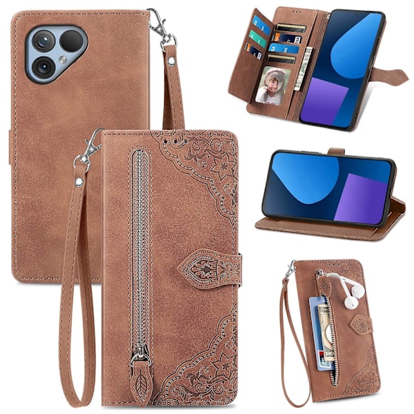 Blomst Glidelås Lærveske For Fairphone 5[HK] Brown