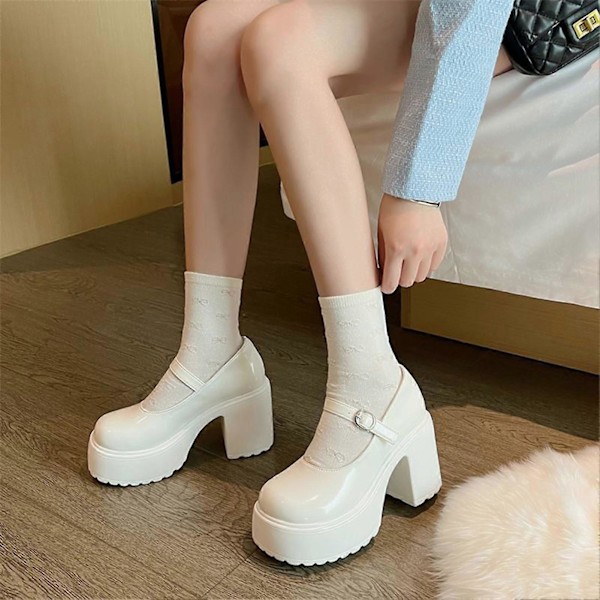 Vintage PU-nahkaiset Mary Jane -kengät, paksu korko, valkoiset Lolita-kengät naisille ja tytöille [HK] Creamywhite 38