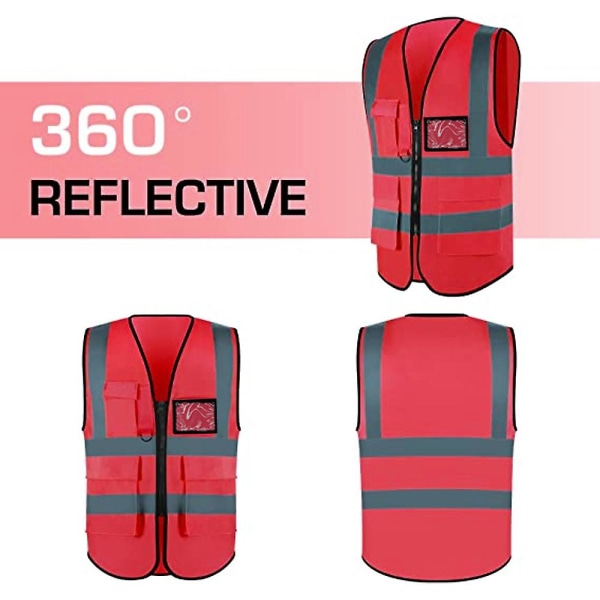 Hög synlighet Reflekterande Säkerhetsväst, Hög Synlighet Ljus Neon Färg Med 4 Reflekterande Remsor Fickor [HK] red