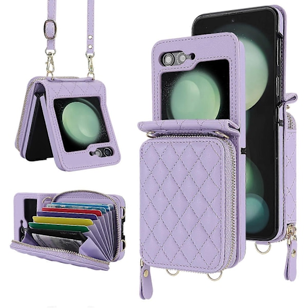 Til Samsung Galaxy Z Flip 6 Wallet Case med Kortholder og Justerbar Rem, Stilfuld Robust Stødsikker Læder Case[HK] For Galaxy Z Flip 6 Purple
