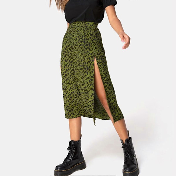 Sexig sidosprund midikjol för damer, hög midja A-linje midikjol för strand, dejt, fest, semester [HK] XL Leopard Black