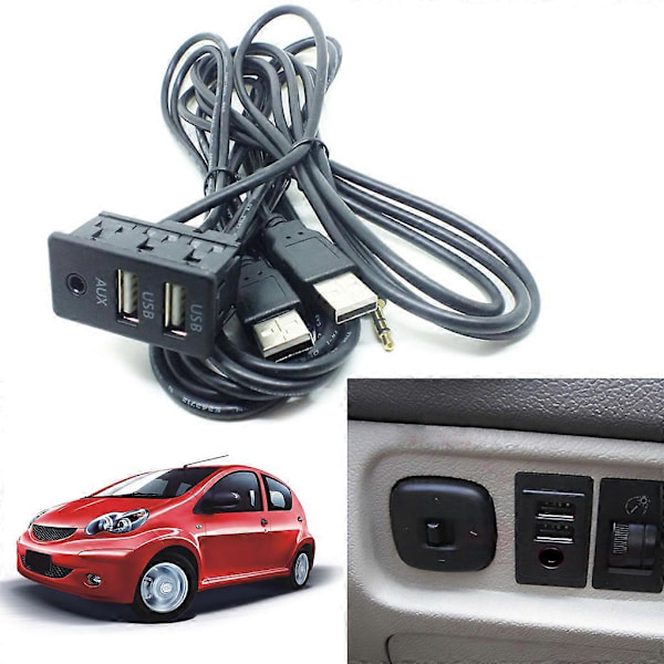1.5M Bil Dash Flush Mount AUX USB Port Panel Auto Båt Dobbel USB Skjøteledning Adapter for Toyota[HK] Black