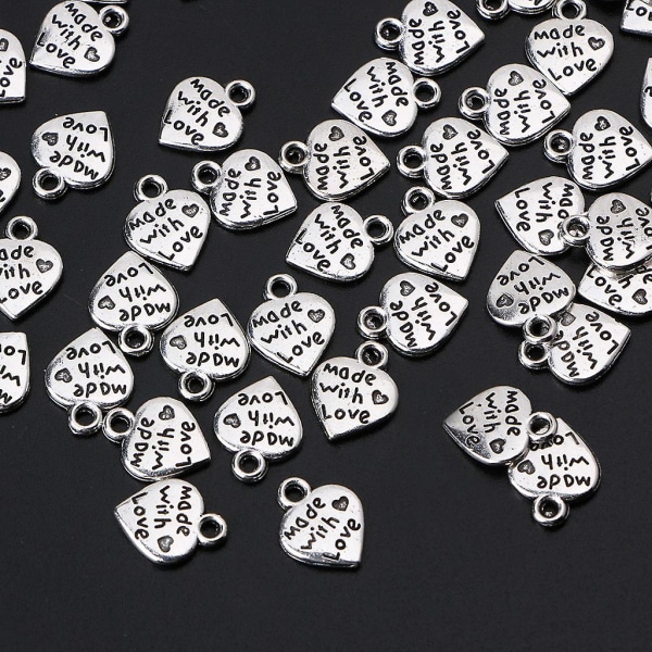 50 stykker vintage sølv "lavet med kærlighed" hjerteformede charms til sweaterkæde