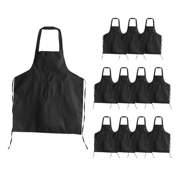 12-pak forklæde - Unisex sort forklæde i bulk med 2 rummelige lommer, maskinvaskbart til køkken, håndværk, grill, tegning [HK] Black