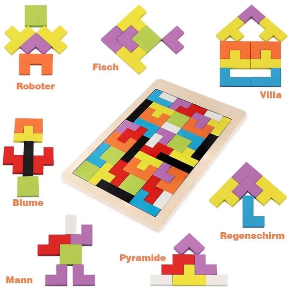 Tetrispussel i trä 40 bitar Tangrampussel Hjärnträningsleksaker för barn, Pussellåda i trä Hjärnspelsbyggsten[HK]