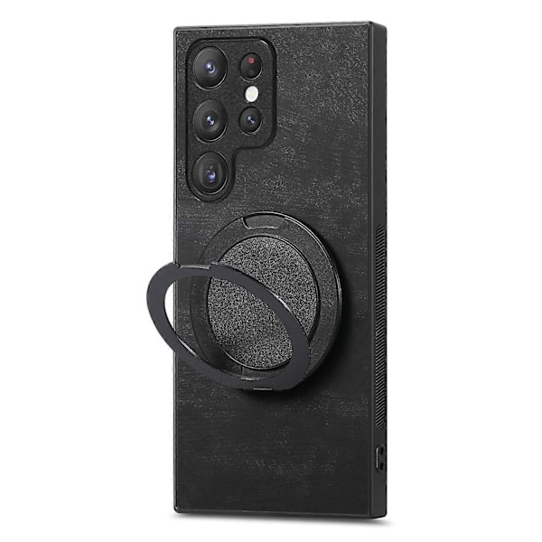 Samsung Galaxy S24 Ultra -puhelimen suojakuori pyörivällä jalustalla, stressiä lievittävä retro-nahkainen takakuori [HK] Black Multicolor