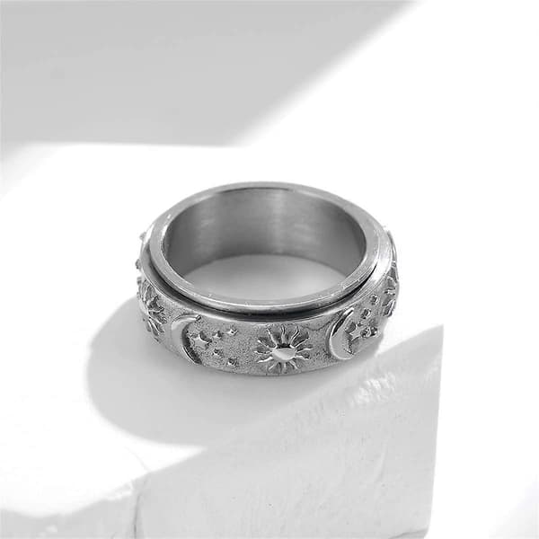 Heytea rustfrit stål spinnerring til angst Fidget-ringe til at lindre stress Angstring Sol Måne Stjerner Forlovelsesring Størrelse 6[HK]