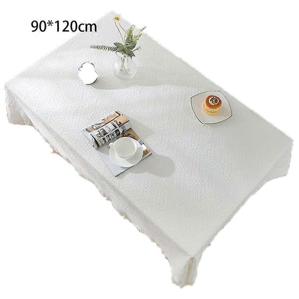 Bordsduk i bomull och linne med tofsar[HK] diamond white [long table] 90*120