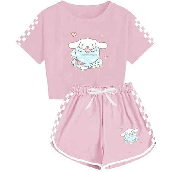 Barn jenter gutter Cinnamoroll trykt kort ermet T-skjorte + shorts sportantrekk sett [HK] Pink 9-10 Years