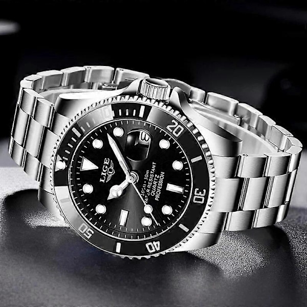 LIGE Toppmärke Lyx Mode Dykarklocka Herr 3ATM Vattentät Datumklocka Sportklockor Herr Quartz Armbandsur Relogio Masculino[HK] Silver blue