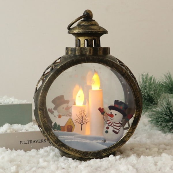 LED stearinlys i rund retro stil - lille glas, plast og LED-element - julelysdekoration til hjemmet [HK] Bronze Snowman