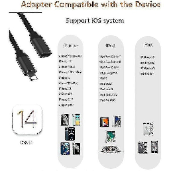 1 metrin Lightning-jatkojohto iPhonelle ja iPadille, iPhonen jatkojohto Apple MFi -sertifioitu naaras-uros [HK]
