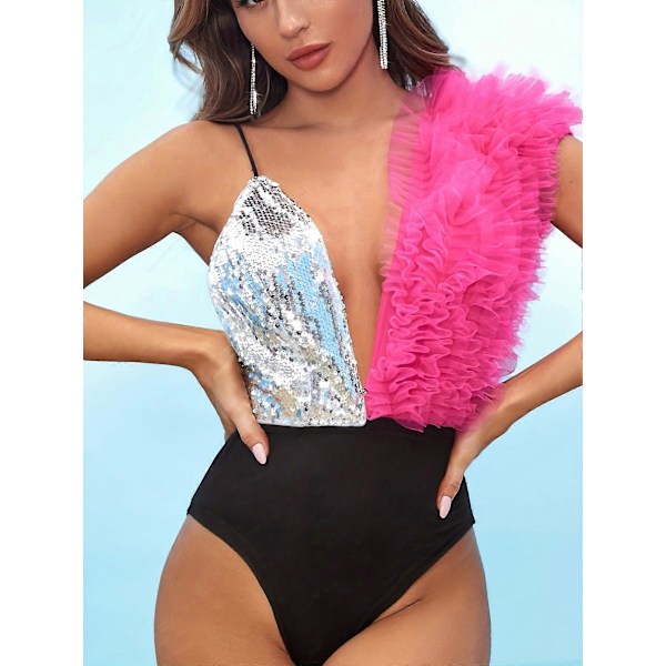JUNGE Kontrast Paljett Volang Kant Djup Urringning Bodysuit, V-ringad Färgblock Party Clubwear Hel Bodysuits, Damkläder SZJG240306[HK] M(38) Dark Pink