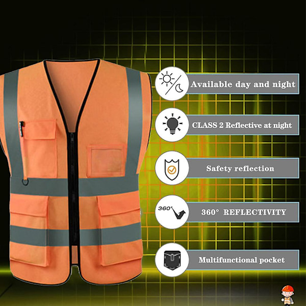 Hög synlighet Reflekterande Säkerhetsväst, Hög Synlighet Ljus Neon Färg Med 4 Reflekterande Remsor Fickor [HK] Orange-red