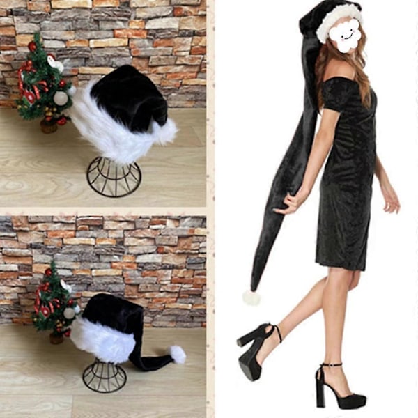 Jule-Fløjl Santa Hat Unisex Behagelig Sort og Hvid til Voksne 150cm