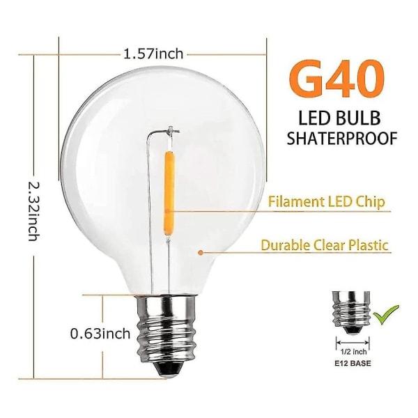 20 Pack G40 Led-erstatningslys E12-skruebase bruddsikre LED-glober som er kompatible med solvarme[HkkK] Clear