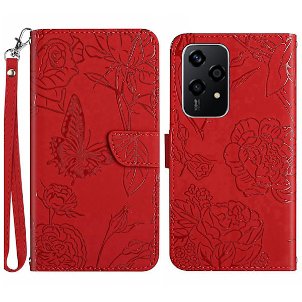 For Honor 200 Lite Læder Etui Præget Fuld Beskyttelse Telefonpung Cover med Rem[HK] Red