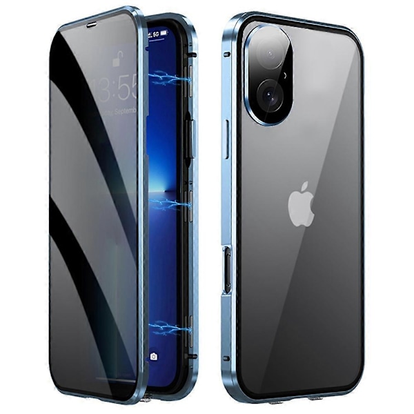 Skal till iPhone 16 Plus Anti-Spy Dubbelsidigt Härdat Glas+Magnetisk Metallram Telefonskal - Svart[HK] Multicolor Blue