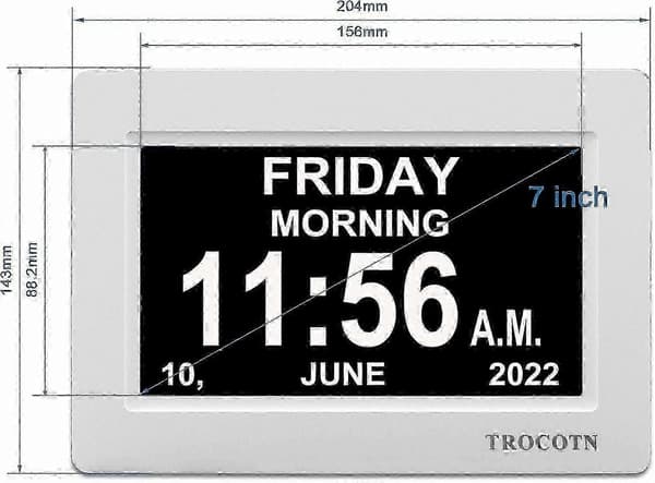 Vit 7-tums digital klocka med datum, veckodag och kalendervisning [HK]