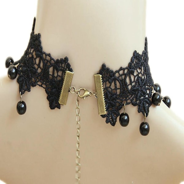 Gotisk Steampunk Blomst Svart Blonde Perler Anheng Krage Choker Halskjede for Kvinner [HK] Black