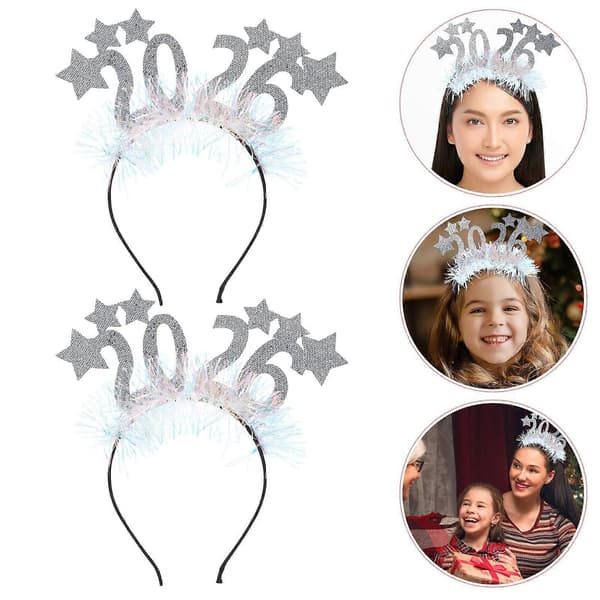 2026 Glitter Stjerner Hårbøyle Godt Nyttår Sølv Hårbøyle for 2 stk[HK]