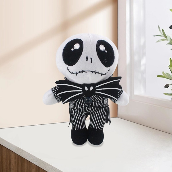 Gentleman Jack Skjelett Plussjedokke med Flaggermus Sløyfe og Stripete Dress - Skummel Hodeskalle Jack Fyllt Leke [HK] Black & White