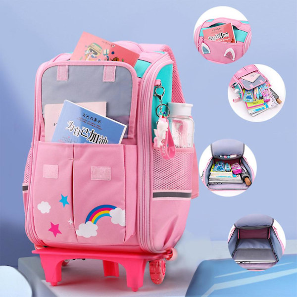 Skole Trolley Rygsæk Til Piger Skole Trolley Tasker Med Hjul Skole Rullende Rygsæk Til Drenge Trolley Rygsæk Taske Til Børn[HK] Blue Pink
