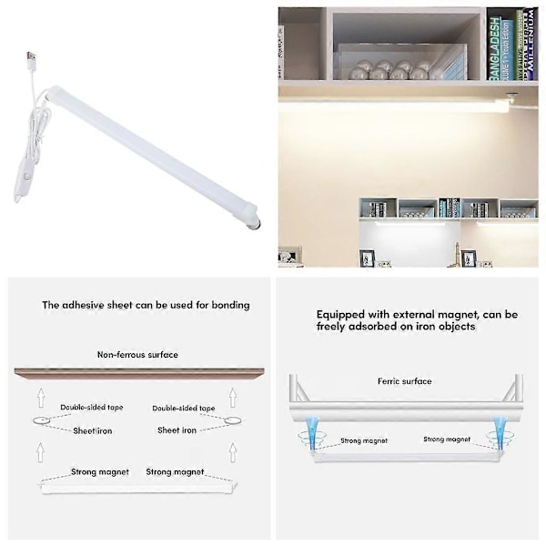 LED Under Cabinet Lys Enkel Installasjon Blendfritt Lys Bar Kjøkkenlys Skrivebordslampe med USB Strømforsyningskabel[HK] 32cm White light