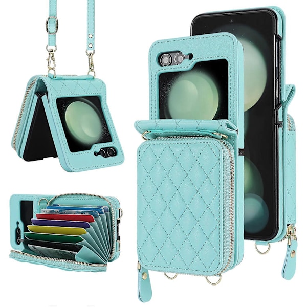 Til Samsung Galaxy Z Flip 6 Wallet Case med Kortholder og Justerbar Rem, Stilfuld Robust Stødsikker Læder Case[HK] For Galaxy Z Flip 6 Green