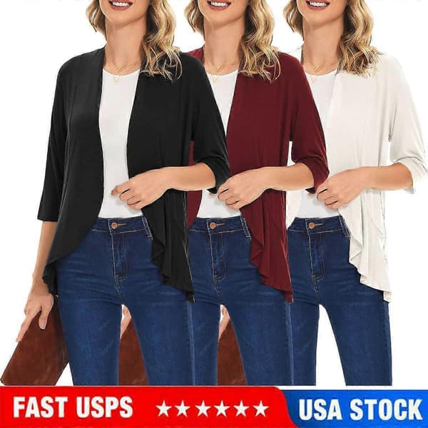Dam Basic Casual Långärmad Öppen Framstickad Kofta Lös Topp Blusar[HK] XL