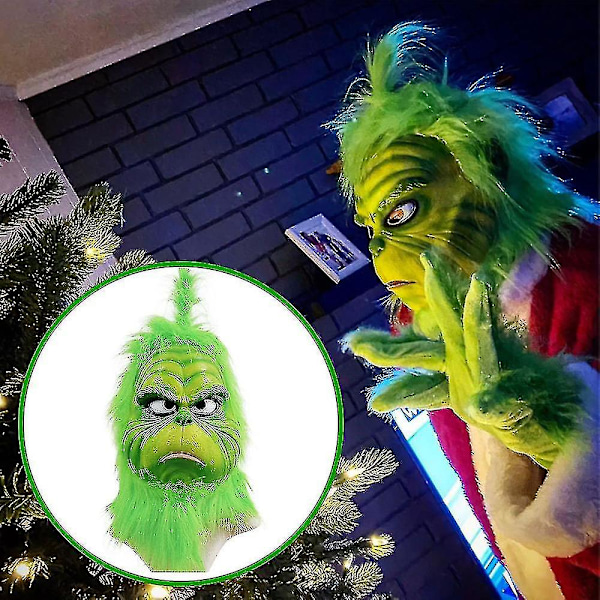 Julenissen Grinch Full Head Latex Maske Julehatt Monster Voksen Hansker   The Grinch  Julemaske C