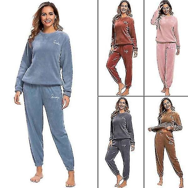 Talviset lämpimät pyjamaset plusfleece-yläosa ja housut pyöreällä kauluksella, pehmeä pyjamasetti -jie[HK] Blue XXL