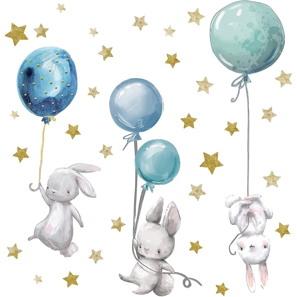 Personlig Akvarell Djur Väggdekal med namn Väggdekor Nursery Nursery Nursery Girls Playroom (kanin med ballonger)([HK])