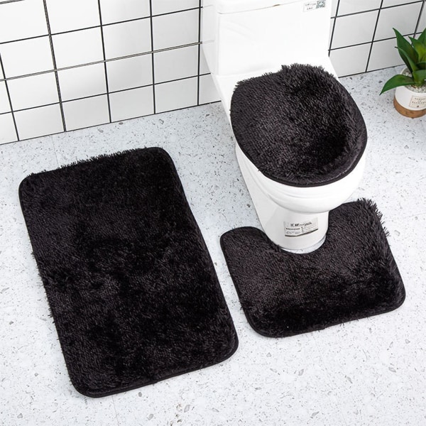 HK  Kodin tarvikkeet Yksivärinen 3-osainen kylpyhuoneen mattosetti Kylpyhuoneen WC-matto-liukumaton matto Yksivärinen kylpyhuoneen WC-lattiamatto Black